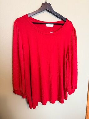 Women’s Red Scoop Neck Top with Swiss Dot Bishop Sleeves